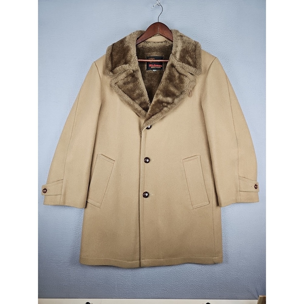 Vintage 70's Richman Brothers Brown Polyester Men's 38 REG Long Coat Jacket